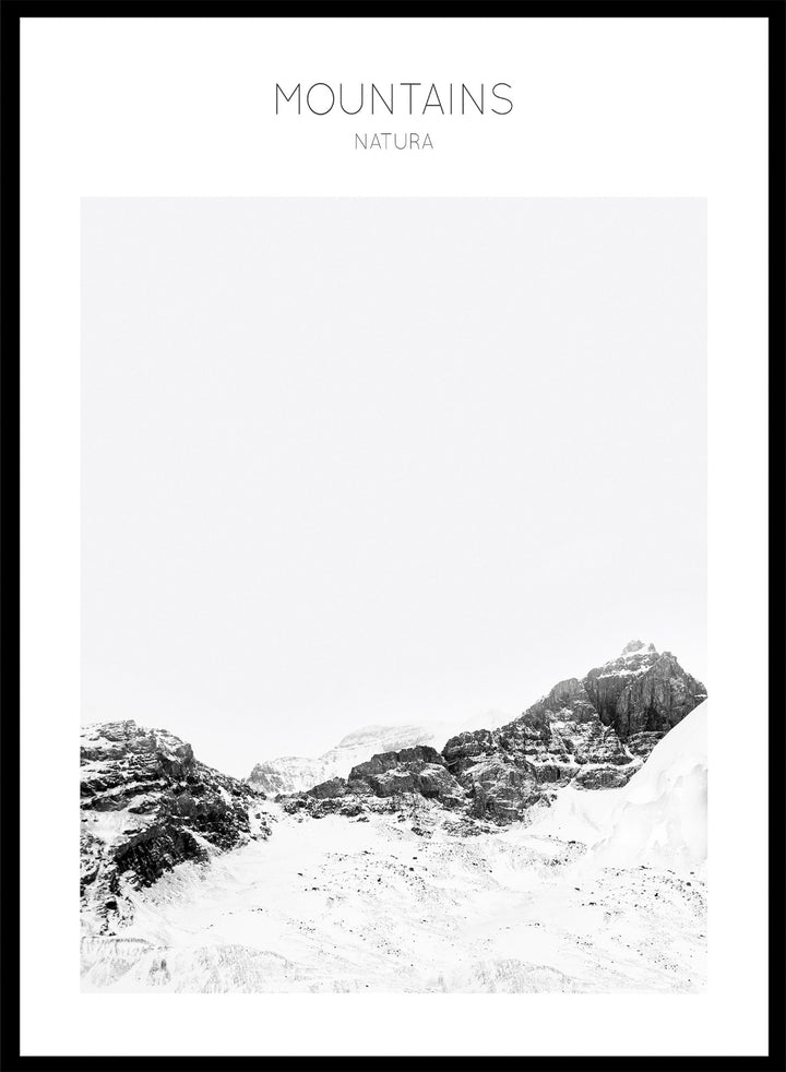 Black and white mountain landscape with 'Mountains Natura' text. Serene Peaks by The MIUUS Studio is a black and white mountain photography art print and wall poster featuring snowy peaks, minimalist composition, and modern neutral design.