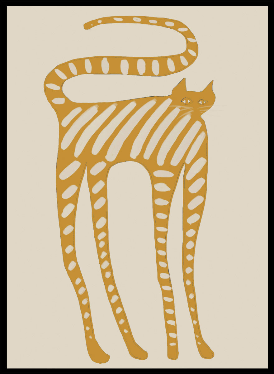 A stylized art print of a cat in a minimalist design, featuring a mustard yellow cat with white stripes and spots on a light beige background. Whimsical Striped Cat by The Art Concept cat art print featuring a mustard-yellow cat with cream stripes, long legs, and an oversized looping tail.