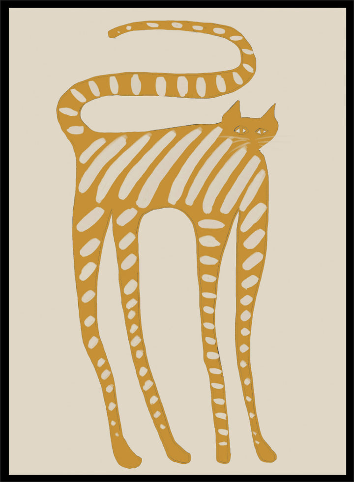A stylized art print of a cat in a minimalist design, featuring a mustard yellow cat with white stripes and spots on a light beige background. Whimsical Striped Cat by The Art Concept cat art print featuring a mustard-yellow cat with cream stripes, long legs, and an oversized looping tail.