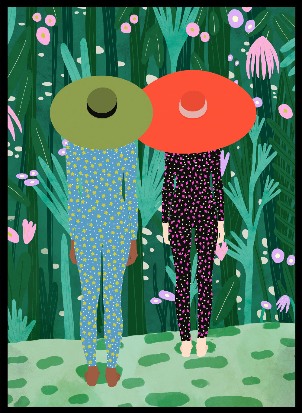 Two people with large hats walking through a lush, colorful forest. Jungle Pajamas by Jota de Jai is an officially licensed fine art wall poster about friendship and quiet connection, available framed or unframed.