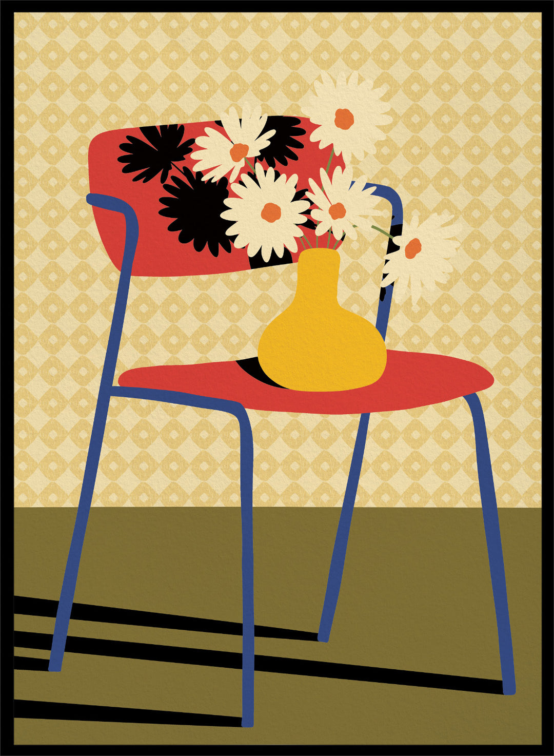 A stylized art print depicting a blue chair with a red seat and backrest, holding a yellow vase filled with white daisies, set against a patterned beige wallpaper and olive green floor. Colorful Chair Still Life by Lisa Solomoniuk premium framed fine art print featuring a red chair, yellow vase, white flowers, and bold graphic color.