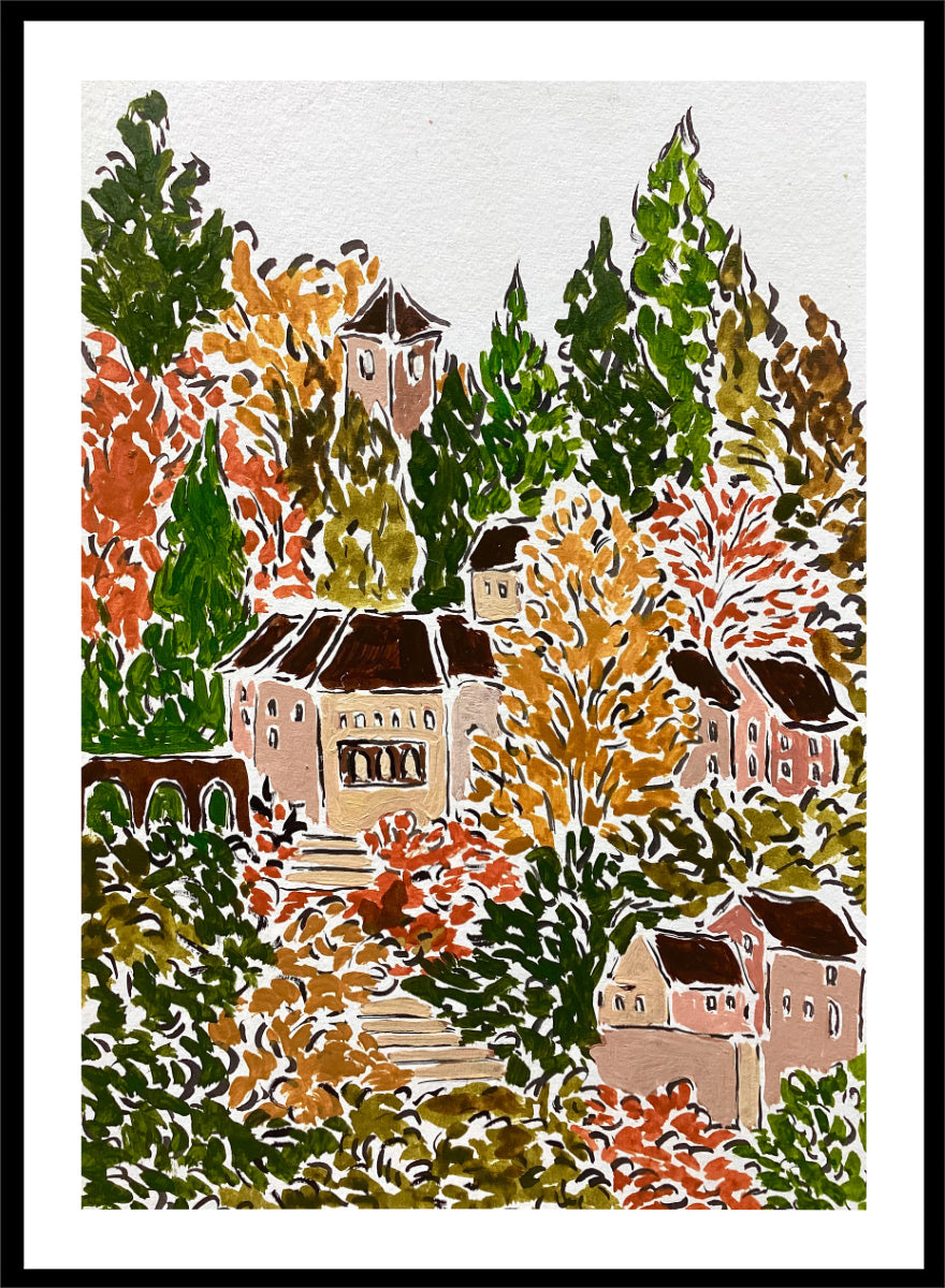 A framed art print featuring a hand-drawn, stylized landscape of a hillside village with beige buildings, brown roofs, and dense trees in green, yellow, orange, and red tones. Shop Autumn Hillside Village by Rushati Chowdhury, a colorful autumn landscape art print with hillside homes, winding steps, dense trees, and warm fall tones.