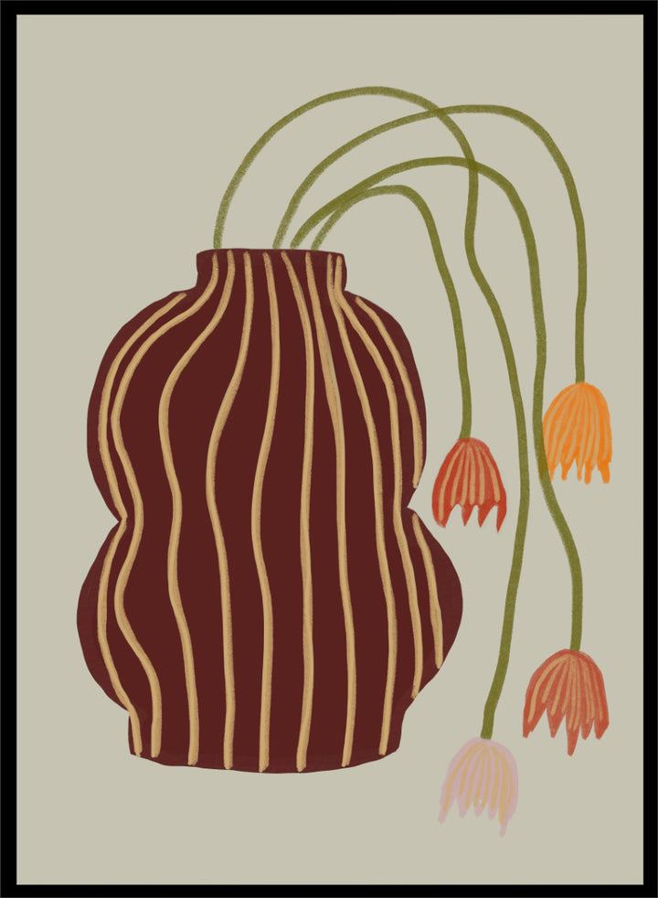 A stylized botanical art print featuring a dark brown vase with vertical gold stripes and several trailing flowers in orange, pink, and olive green on a warm beige background. Striped Vase Drooping Flowers by The Art Concept art print featuring a burgundy striped vase and soft drooping blooms in warm earthy tones.