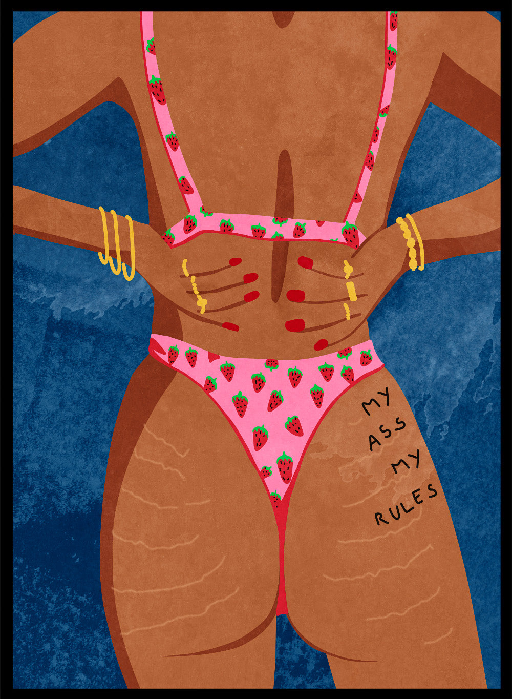 Illustration of a person wearing a pink bikini with strawberry pattern against a blue background. My Ass My Rules by Raissa Oltmanns is a modern woman portrait art print featuring a bold bikini illustration and confident statement wall poster.