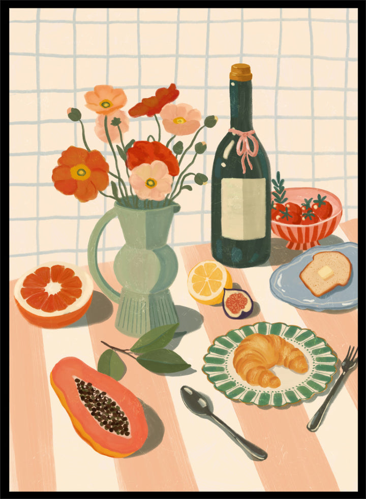A stylized still life illustration showing a bottle, flowers in a pitcher, fruit, bread, and tableware on a striped surface against a grid background. Colorful Breakfast Still Life by Katarzyna Gąsiorowska art print featuring fruit, flowers, a croissant, and colorful kitchen tableware in soft modern tones.