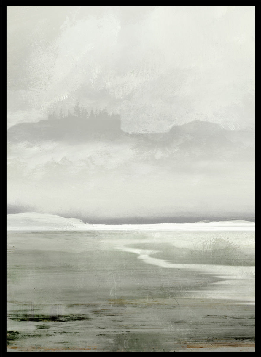 Shop Lakes No. 01 by Dan Hobday, a misty landscape art print featuring muted green water, distant hills, soft trees, and layered atmospheric texture.