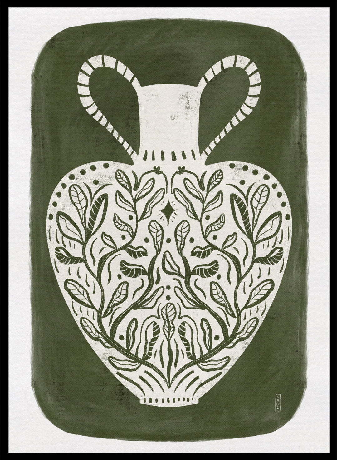 Botanical Folk Vase by Dirkie Nell is a modern folk art print featuring botanical vase illustration, olive green tones, and hand drawn Scandinavian inspired wall art.
