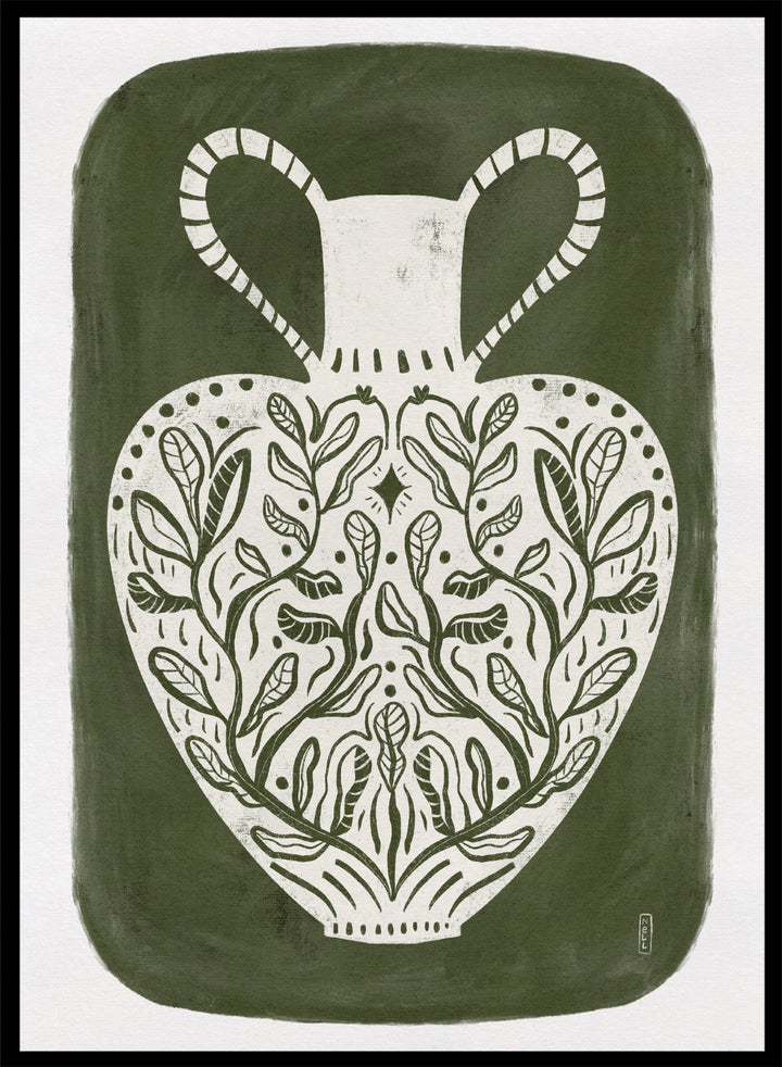 Botanical Folk Vase by Dirkie Nell is a modern folk art print featuring botanical vase illustration, olive green tones, and hand drawn Scandinavian inspired wall art.