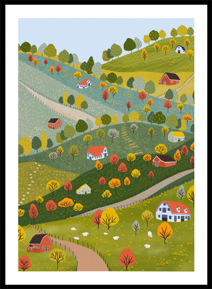 A framed art print featuring a whimsical, stylized illustration of a rolling green and yellow countryside landscape with red houses, colorful autumn trees, winding roads, and a pale blue sky. Vibrant Autumn Village Hills by Ceyda Alasar art print with rolling countryside, colorful fall trees, farmhouses, barns, sheep, and winding roads.