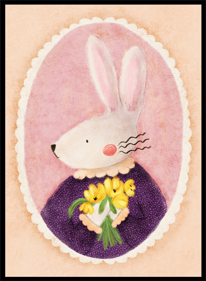 A framed art print featuring a whimsical illustration of a white rabbit in a purple dress holding yellow flowers, set against a pink oval background. Shop Charming Bunny With Tulips by Dirkie Nell, a playful animal portrait art print featuring a white bunny, yellow tulips, purple dress, and soft pink tones.