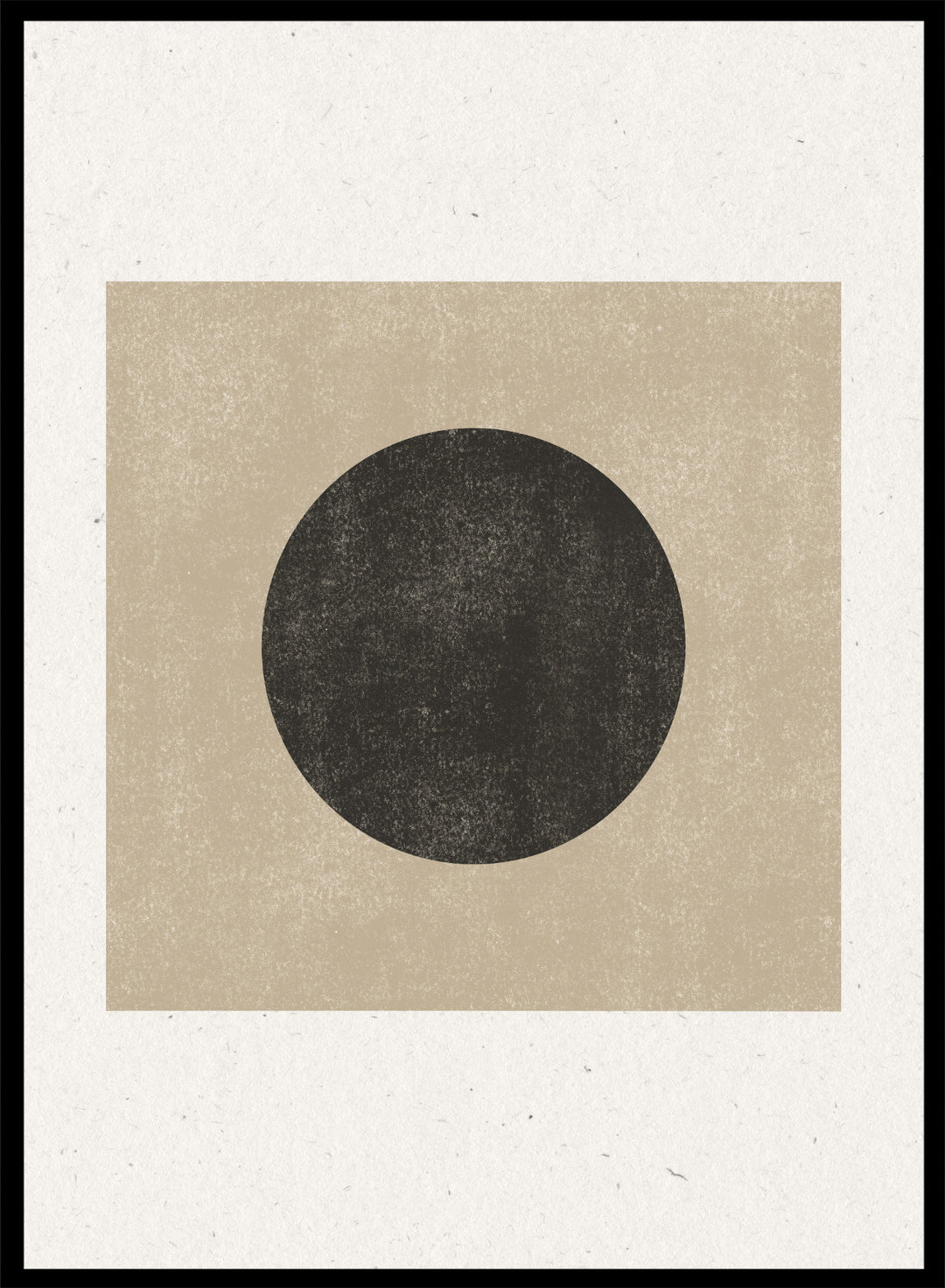 Black circle on beige background. Eclipse Silence by The MIUUS Studio is a minimalist abstract art print and wall poster featuring geometric shapes, neutral tones, and modern textured design.