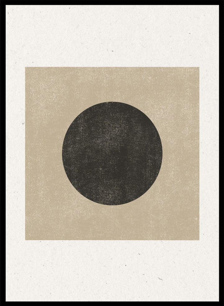 Black circle on beige background. Eclipse Silence by The MIUUS Studio is a minimalist abstract art print and wall poster featuring geometric shapes, neutral tones, and modern textured design.