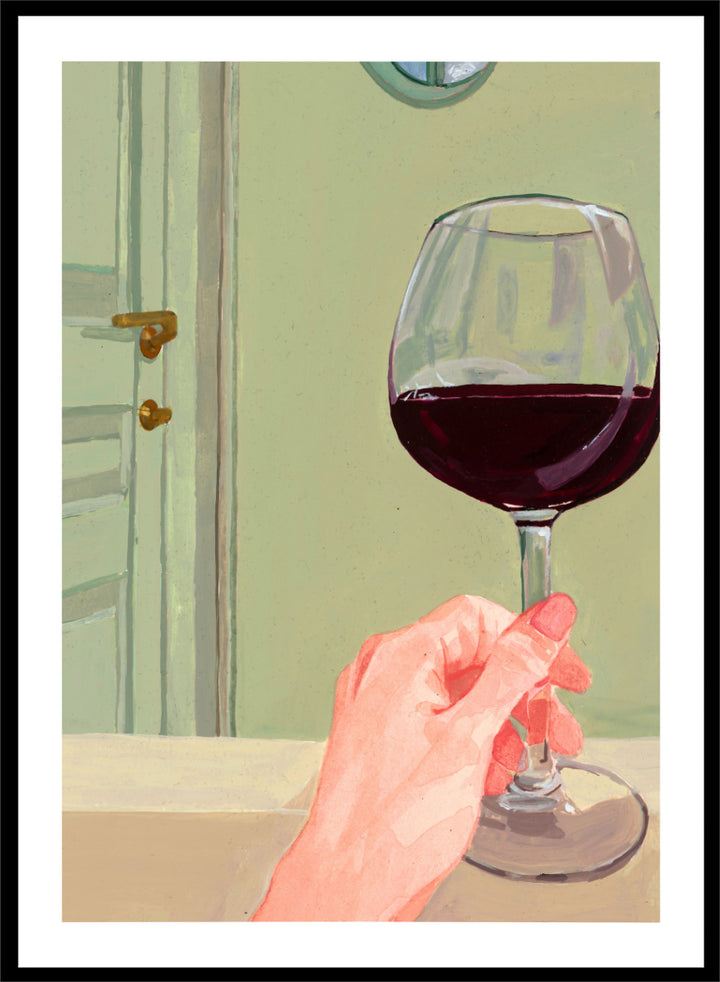 Shop Relaxing Wine Moment by Sophia Novosel, a modern wall art print poster featuring a hand holding red wine in a soft green interior with warm tones.