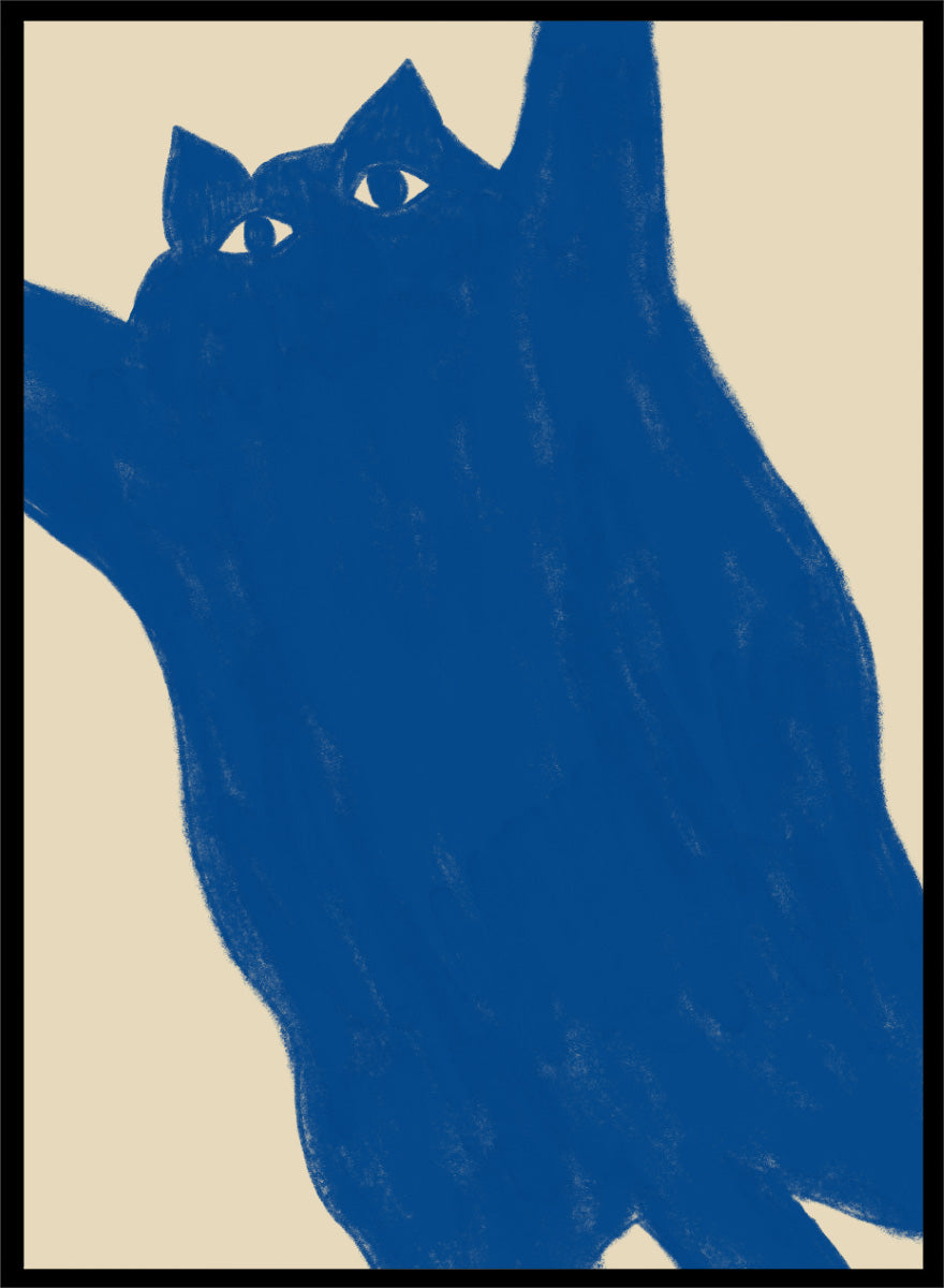 A minimalist art print featuring a bold blue cat silhouette with white eyes on a warm beige background. Playful Blue Cat by The Art Concept is a modern cat art print featuring a bold blue feline, oversized crop, and warm cream background.