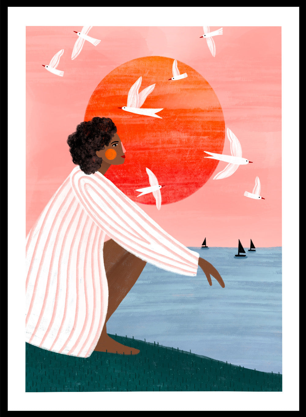 Sunset On My Own by Bea Müller is an officially licensed art print featuring a modern illustrated woman, ocean view, and warm sunset tones. Available framed or unframed.