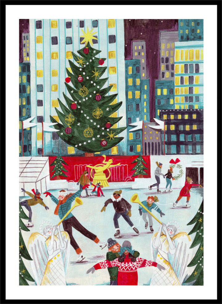 Shop Ice Skating at Rockefeller Center Christmas, a festive Christmas wall art print poster with skaters, city lights, and a New York holiday scene.