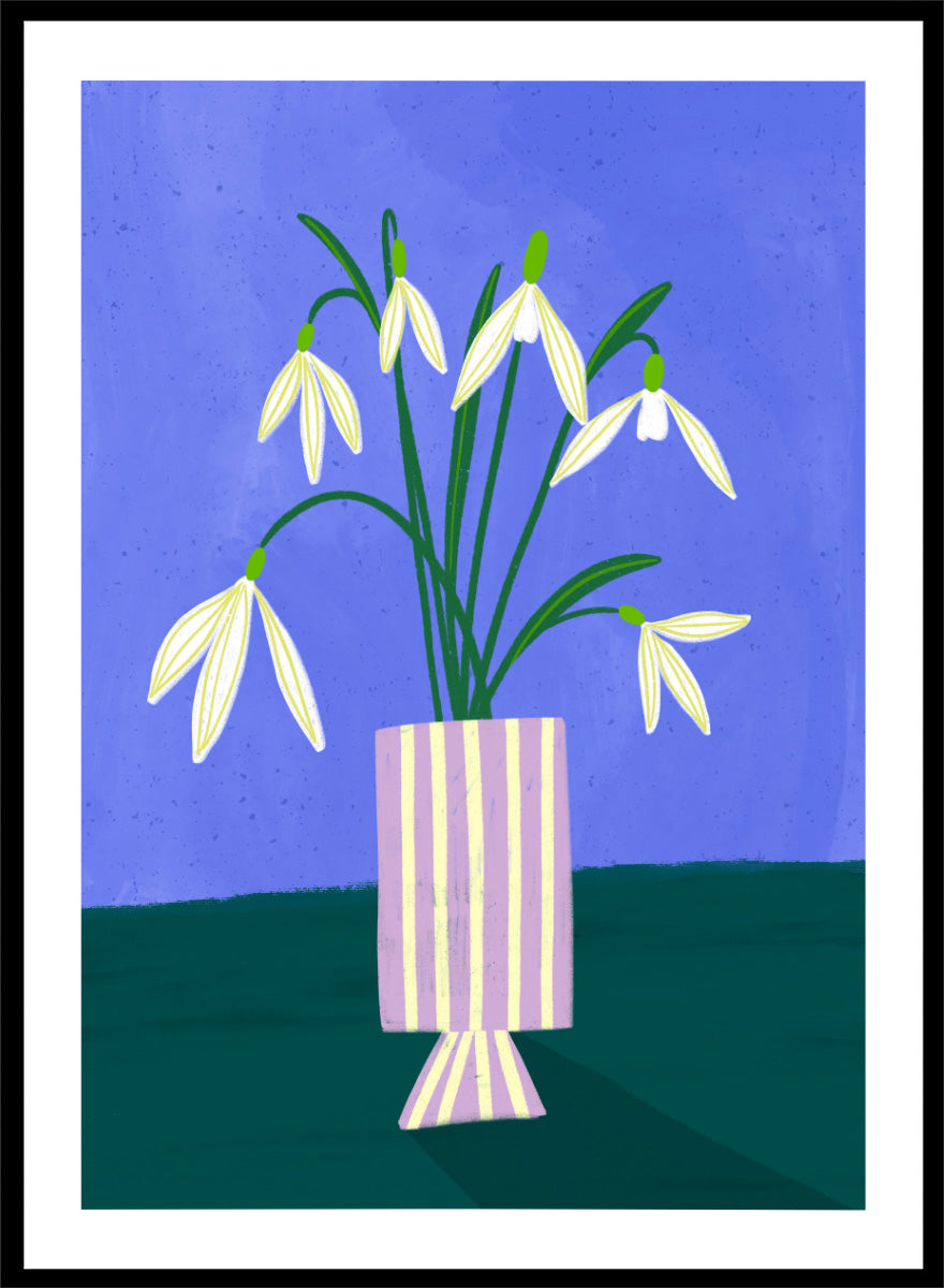 A framed art print featuring a stylized illustration of white snowdrops with green stems in a lavender and cream striped vase, set against a blue and dark green background. Snowdrops in Striped Vase by Bea Müller fine art print featuring white snowdrops, a lilac striped vase, and a deep blue background.