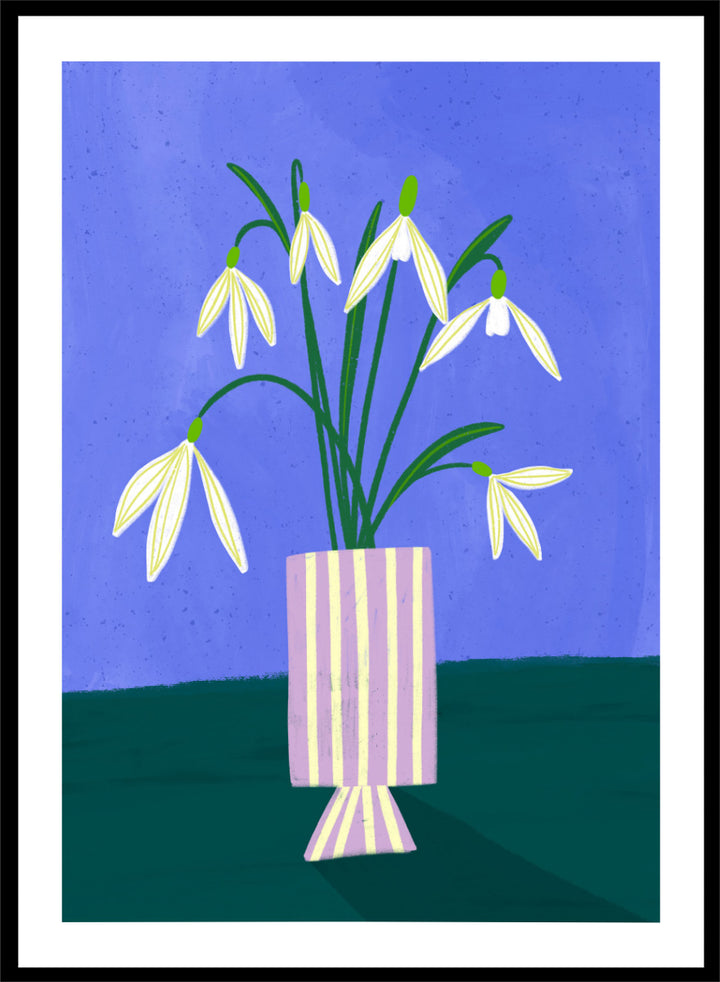 A framed art print featuring a stylized illustration of white snowdrops with green stems in a lavender and cream striped vase, set against a blue and dark green background. Snowdrops in Striped Vase by Bea Müller fine art print featuring white snowdrops, a lilac striped vase, and a deep blue background.