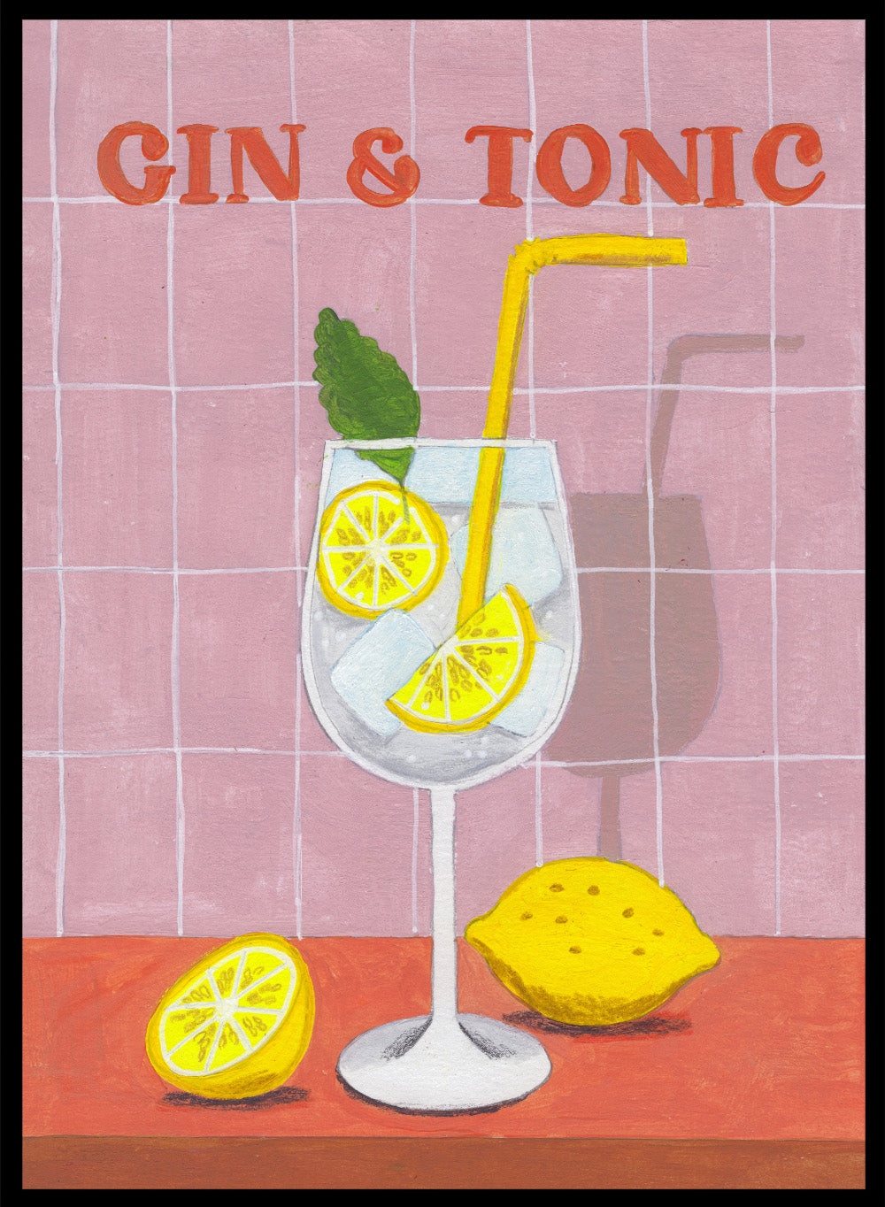 Illustration of a gin and tonic with lemon slices and a straw on a tiled background. Refreshing Gin Tonic by Caroline Bonne Müller is a fine art print and wall poster of a gin and tonic with lemon slices, mint leaf, ice, and pink tile background.