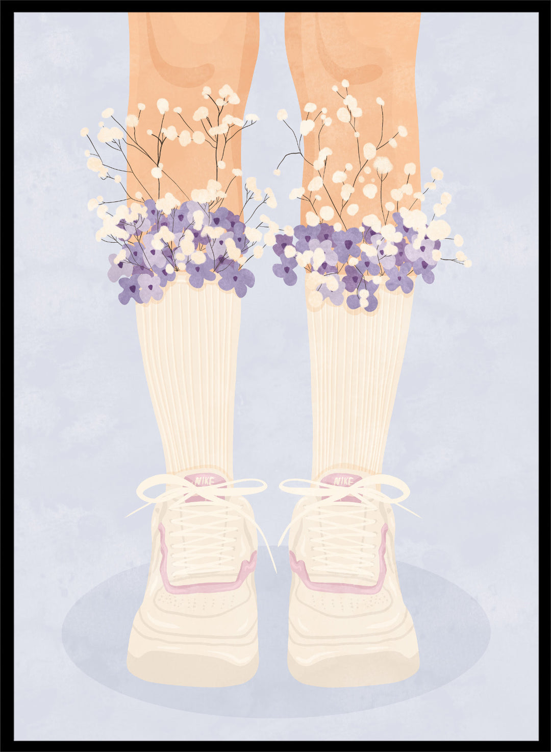 A stylized illustration of a person's legs wearing cream ribbed socks, white sneakers with pink trim, and bunches of small white and purple flowers at the top of the socks, set against a pale blue background. Floral Socks and Sneakers by Lisa Solomoniuk premium framed fine art print featuring cream sneakers with purple and white flowers.