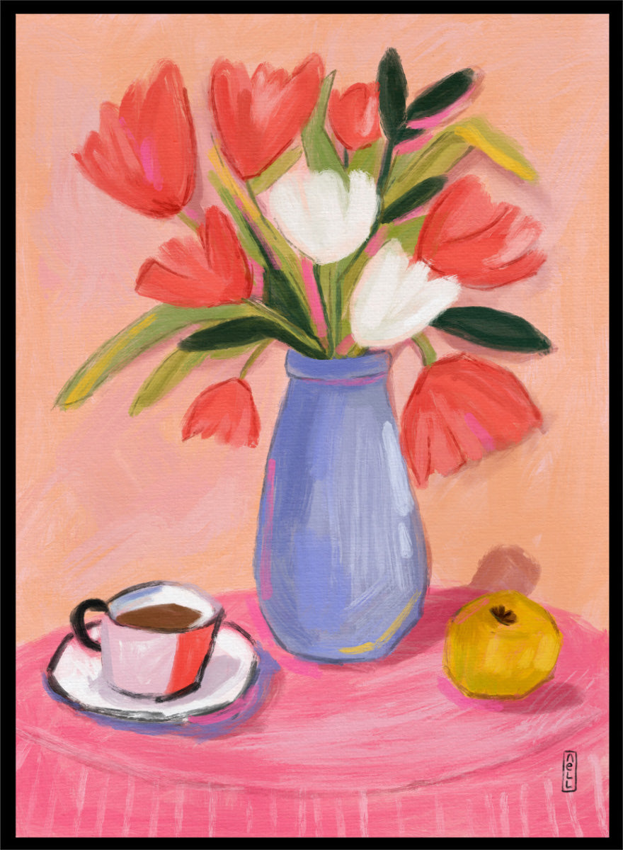 A still life painting of a bouquet of red and white tulips in a blue vase, set on a pink tablecloth next to a cup of coffee and a yellow fruit, against a peach background. Shop Fresh Tulips and Coffee by Dirkie Nell, a colorful floral still life art print featuring tulips, coffee, a blue vase, and warm pink and peach tones.