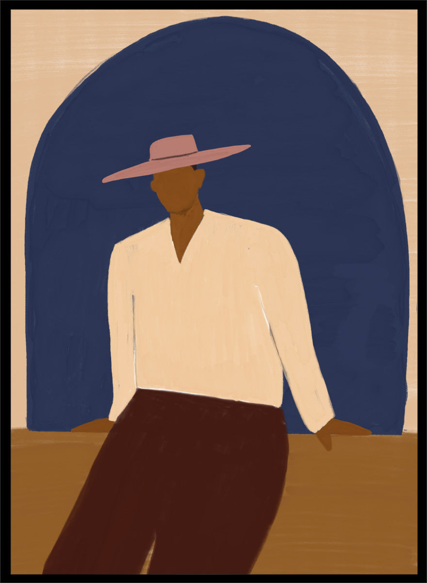 A stylized art print depicting a seated figure in a wide-brimmed pink hat, cream shirt, and dark brown trousers against a large dark blue arch on a beige background. Man In Blue Arch by The Art Concept portrait art print featuring a lone figure beneath a deep blue arch in warm earthy tones.