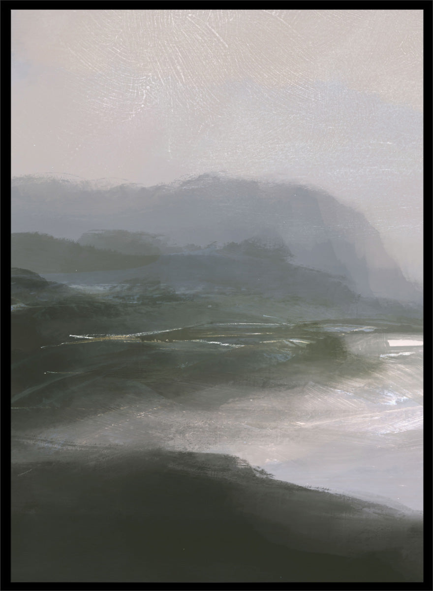 Shop Tranquillitas by Dan Hobday, a set of 2 landscape wall art prints posters featuring misty water, tree-lined banks, distant hills, and deep grey green tones.