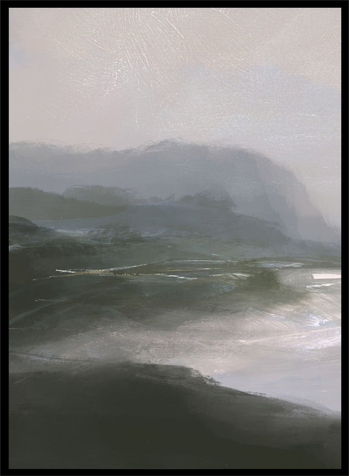 Shop Tranquillitas by Dan Hobday, a set of 2 landscape wall art prints posters featuring misty water, tree-lined banks, distant hills, and deep grey green tones.