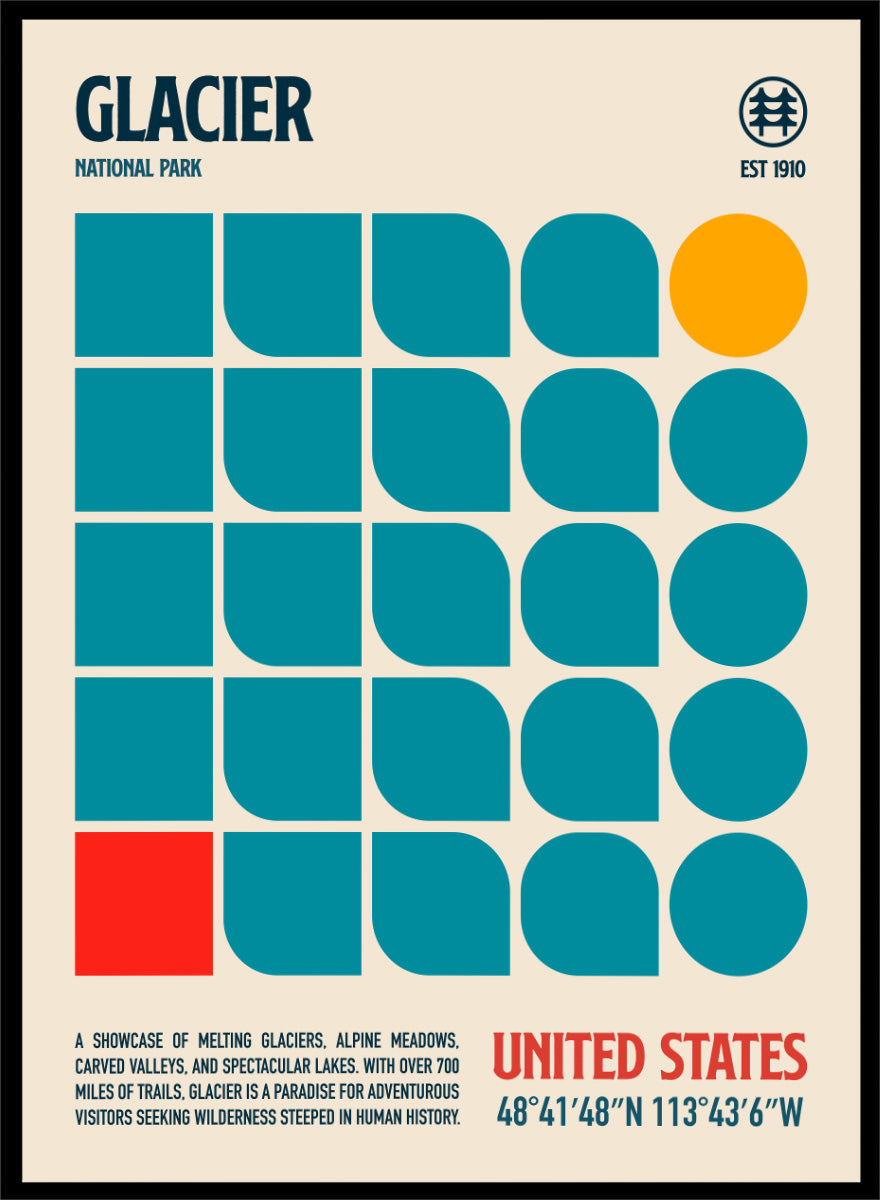 A retro-style poster for Glacier National Park featuring a cream background, teal geometric shapes, a yellow-orange circle, and red text. The top reads 'GLACIER NATIONAL PARK' with a small tree emblem and 'EST 1910' at the top right. Glacier National Park Retro Art by Retrodrome travel art print featuring teal geometric forms, a bold sun, and a mid-century national park design.