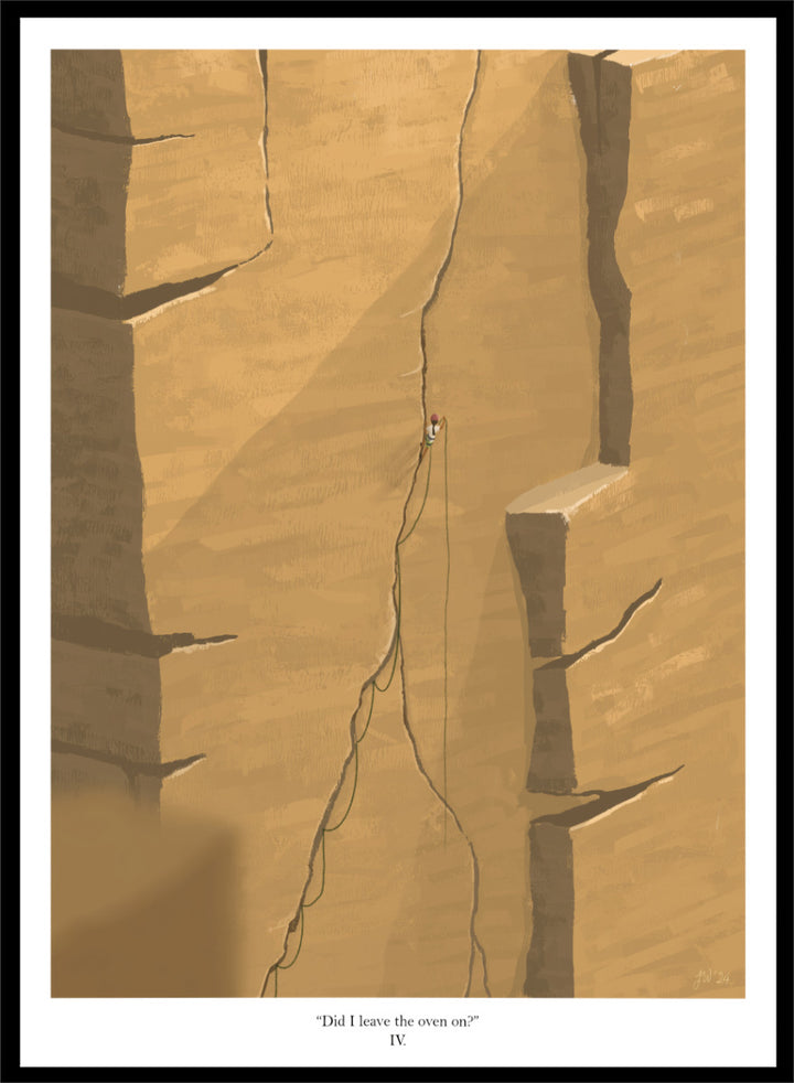 An art print featuring a minimalist illustration of a climber on a massive sandstone cliff, with the caption &