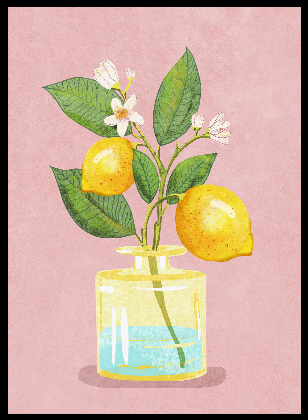 Illustration of lemons and a flower in a glass bottle on a pink background. Lemon Bunch In Vase by Raissa Oltmanns is a modern lemon still life art print featuring citrus fruit and floral kitchen wall poster design.