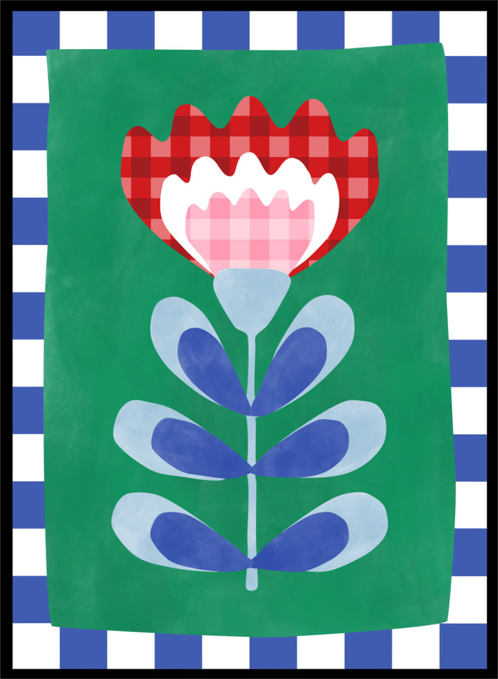 Shop Gingham Folk Flower by Elena Ristova, a colorful floral wall art print poster featuring gingham petals, checkerboard borders, and bold green, red, blue, and pink.