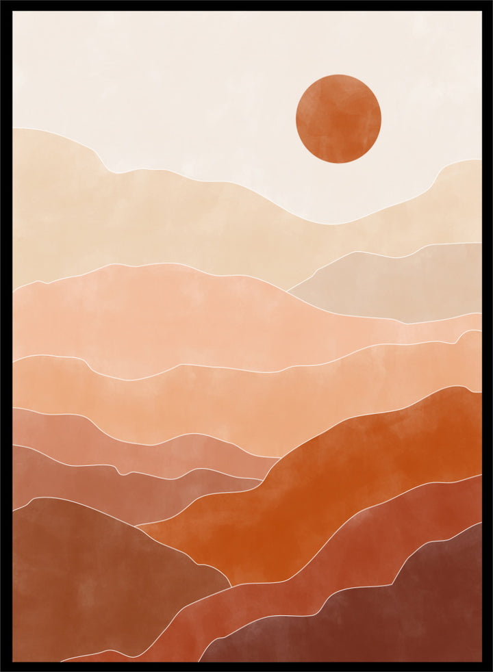 Shop Warm Desert Layers by Elena Ristova, a modern desert wall art print poster featuring layered hills, a terracotta sun, and warm peach, rust, and brown tones.
