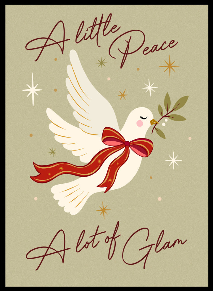 Shop Peace And Glam Dove by Dominique Vari, a festive dove wall art print poster featuring a red bow, olive branch, retro stars, and playful holiday typography.