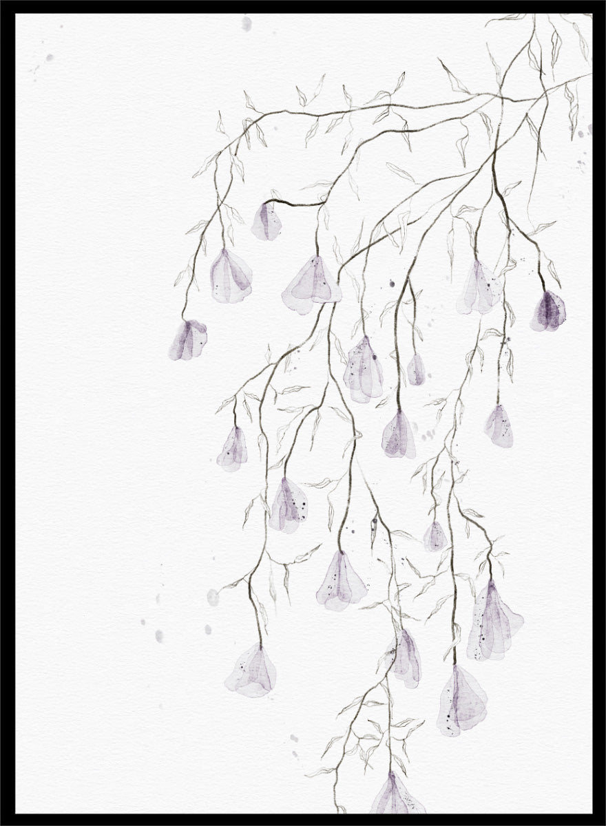 A framed watercolor art print depicting delicate, thin branches with small hanging lavender-purple bell-shaped flowers on a white background. Shop Delicate Lavender Cascade by Ankie Kooi, a floral wall art print poster with hanging lavender flowers, botanical branches, and soft watercolor detail.