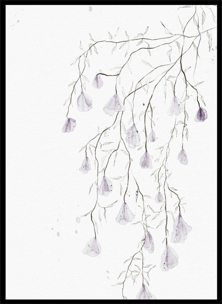 A framed watercolor art print depicting delicate, thin branches with small hanging lavender-purple bell-shaped flowers on a white background. Shop Delicate Lavender Cascade by Ankie Kooi, a floral wall art print poster with hanging lavender flowers, botanical branches, and soft watercolor detail.