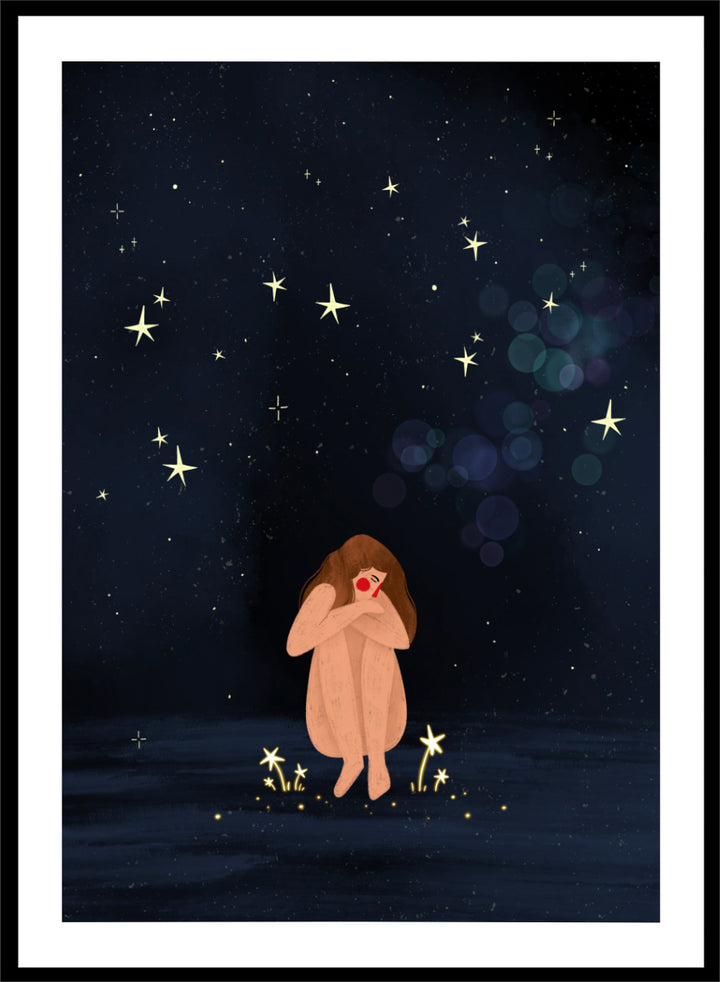A framed art print featuring a whimsical illustration of a girl sitting on a dark blue starry night sky. Shop Starlit Solitude by Bea Müller, a figurative wall art print poster featuring a solitary woman beneath a star-filled night sky in deep blue tones.