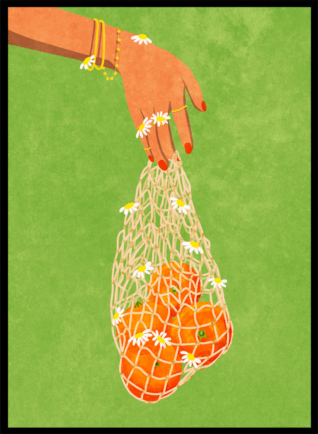Illustration of a hand holding a bag of oranges with a green background. Fresh Oranges by Raissa Oltmanns fine art print featuring modern fruit illustration, stylish feminine hand art, contemporary kitchen wall decor poster.