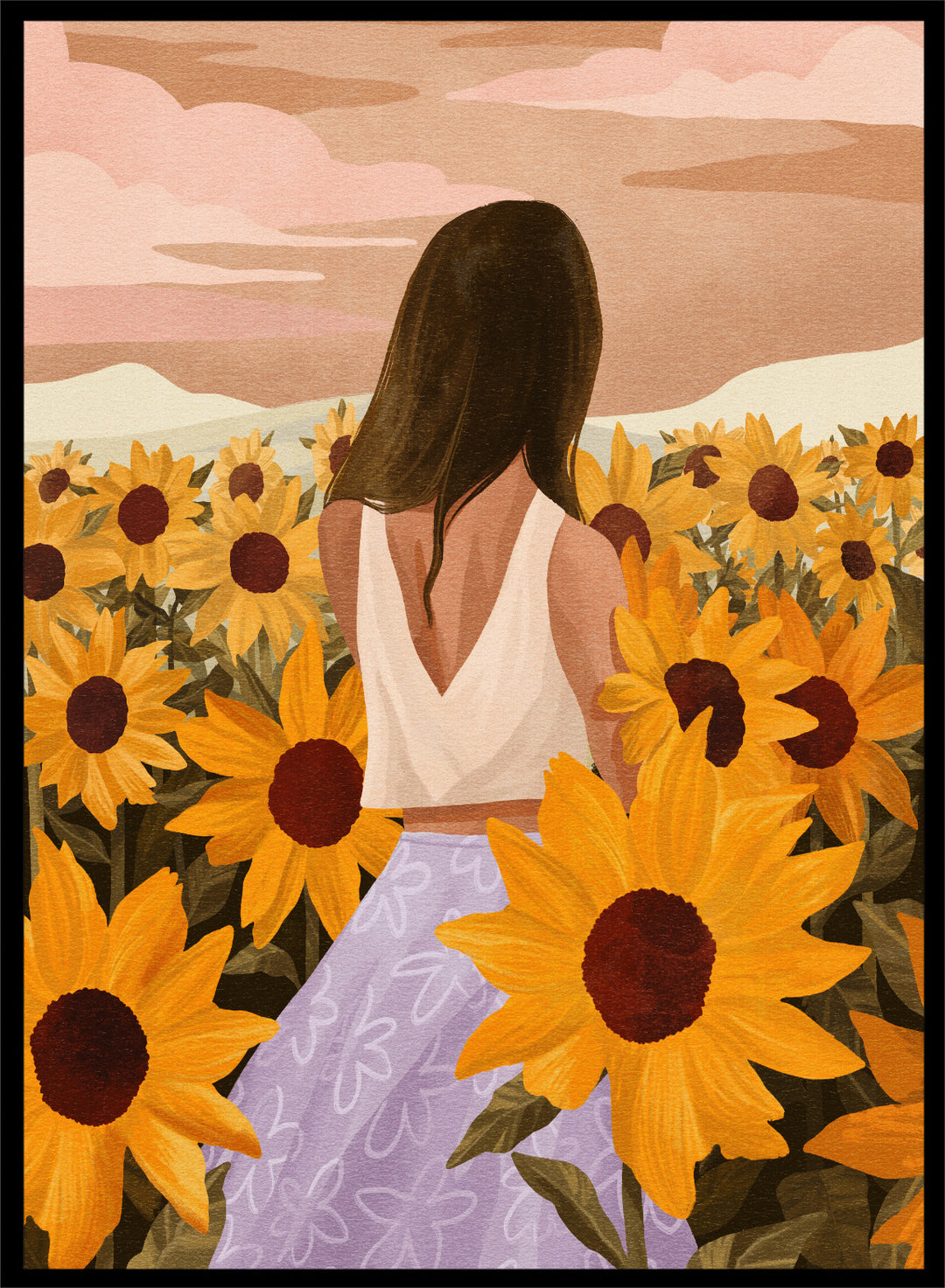 Woman in a white top and purple pants sitting among sunflowers with a scenic background. Sunflower Evenings by Goed Blauw is a fine art print and wall poster featuring a woman standing in a sunflower field with warm golden tones.
