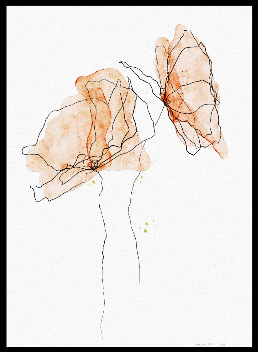 Abstract floral art print featuring two watercolor-style peach and orange flower shapes with thin black line details on a white background. Shop Abstract Peach Flowers by Ankie Kooi, a floral wall art print poster with abstract botanical line art, watercolor flowers, peach, orange, and black.