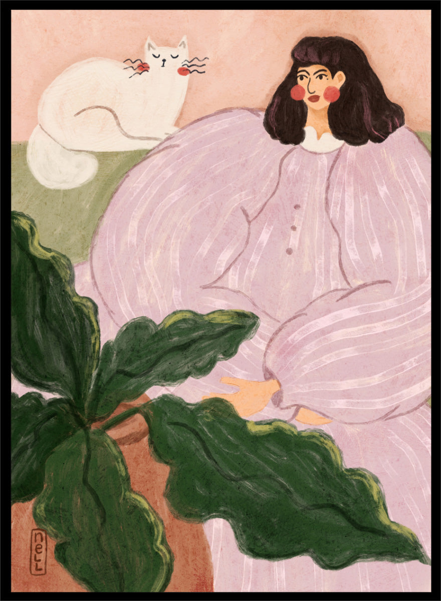 A stylized painting of a woman in a pale pink striped dress seated beside a white cat, with large green leaves in the foreground and a peach background. Cozy Woman With Cat by Dirkie Nell is a colorful portrait and animal art print featuring a woman in lavender, a white cat, oversized leaves, and soft pink tones.