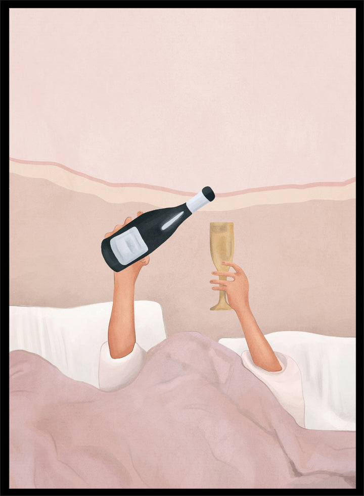 Illustration of a person lying in bed holding a bottle and a glass, with a soft pink background. Champagne In Bed by Flow Line is a playful bedroom art print featuring champagne, pink bedding, and slow mornings, perfect for modern and feminine interiors.