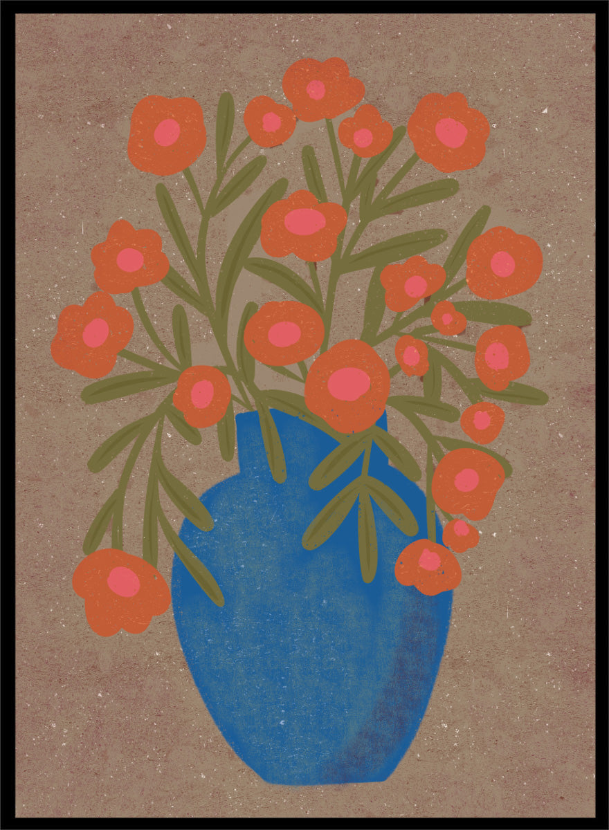 A stylized floral artwork showing orange flowers with pink centers and green stems arranged in a blue vase against a textured tan background. Shop Rustic Orange Floral Vase by Nikita Jariwala, a modern floral wall art print poster featuring a blue vase, orange flowers, and bold botanical style.