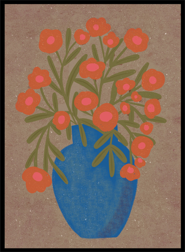 A stylized floral artwork showing orange flowers with pink centers and green stems arranged in a blue vase against a textured tan background. Shop Rustic Orange Floral Vase by Nikita Jariwala, a modern floral wall art print poster featuring a blue vase, orange flowers, and bold botanical style.