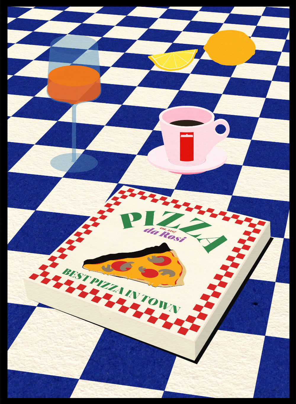 Pizza box with 'Pizza da Ross' branding on a blue and white checkered background. The Italian Menu by Rosi Feist is a modern kitchen wall art print featuring pizza and espresso in a bold minimalist food poster style.