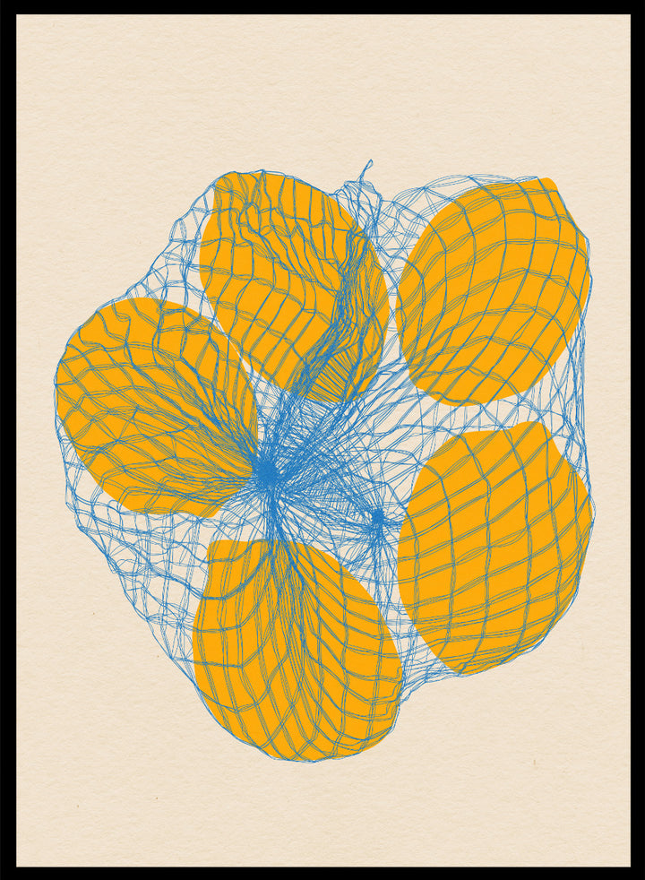 Geometric design with orange shapes and blue lines on a beige background. Five Lemons In a Net Bag by Rosi Feist is a modern minimalist fruit art print with Bauhaus design, officially licensed fine art poster.