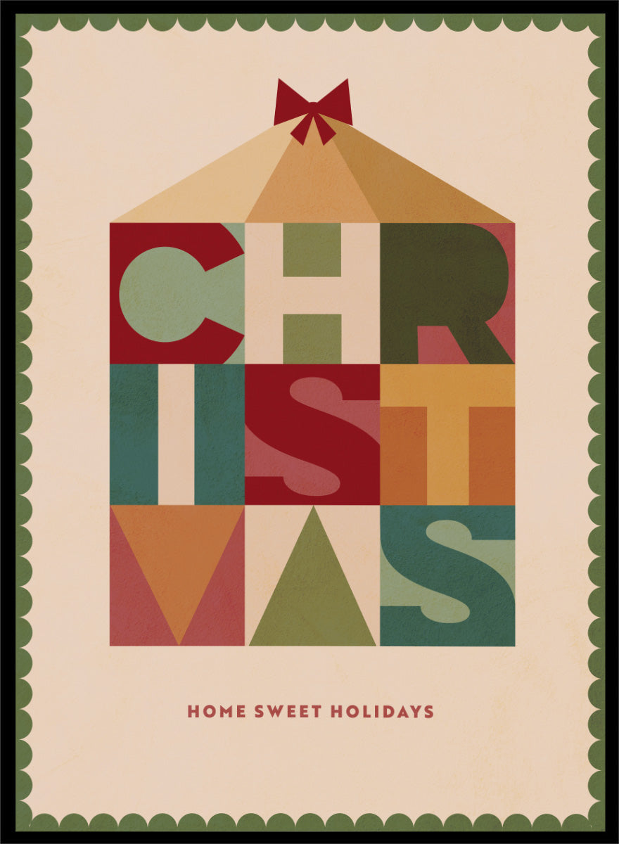 Shop Home Sweet Christmas by Dominique Vari, a retro holiday wall art print poster featuring geometric typography, a festive house, bow, and warm vintage colors.