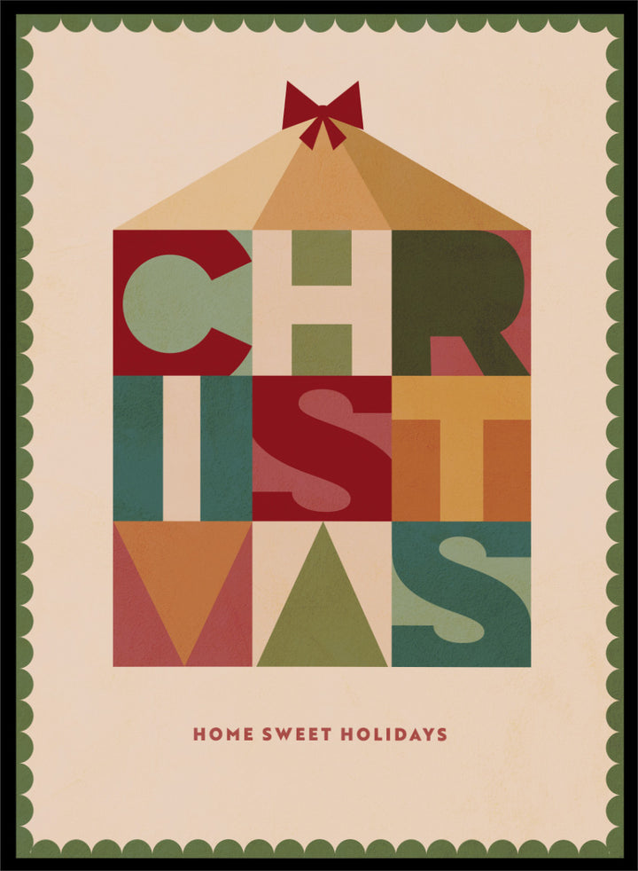 Shop Home Sweet Christmas by Dominique Vari, a retro holiday wall art print poster featuring geometric typography, a festive house, bow, and warm vintage colors.