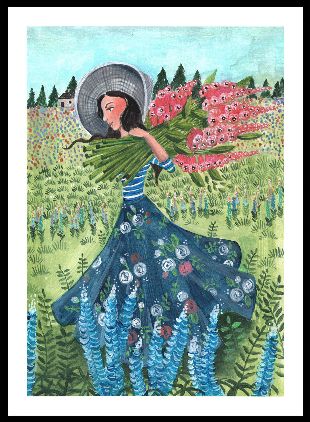 Woman in a floral dress holding flowers in a garden. Woman With Summer Flowers by Caroline Bonne Müller is a fine art print and wall poster featuring a woman carrying flowers through a colorful field.