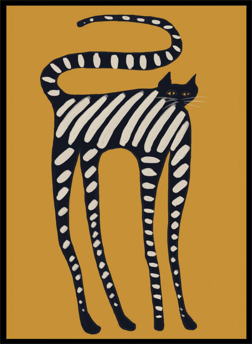 A stylized art print of a cat with black and white stripes on a mustard yellow background. Elegant Striped Cat by The Art Concept playful cat art print featuring a long black cat with cream stripes and an oversized curved tail on mustard yellow.